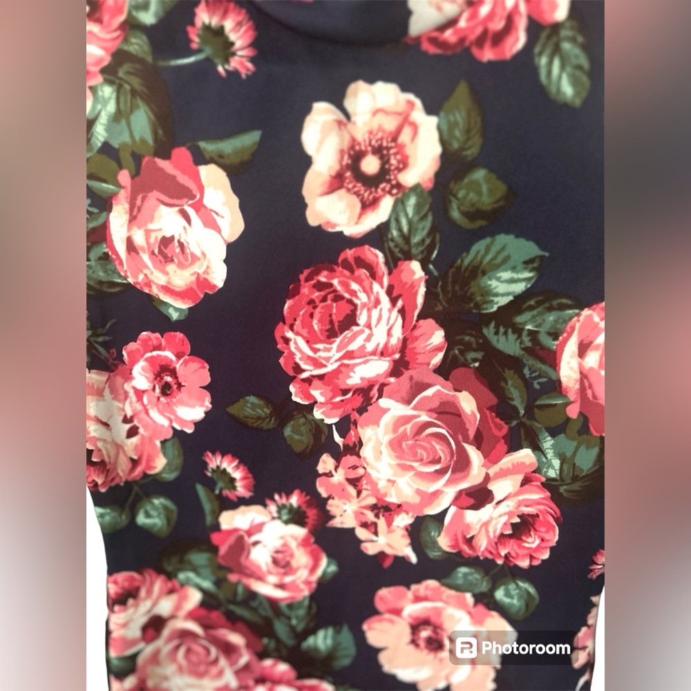 Floral Bodycon Dress Navy Pink Roses Half Sleeve Fitted Sheath Dress - Picture 9 of 9